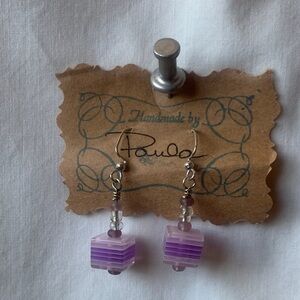 Purple Acrylic Cube Dangle with Glass Beads Handmade Earrings